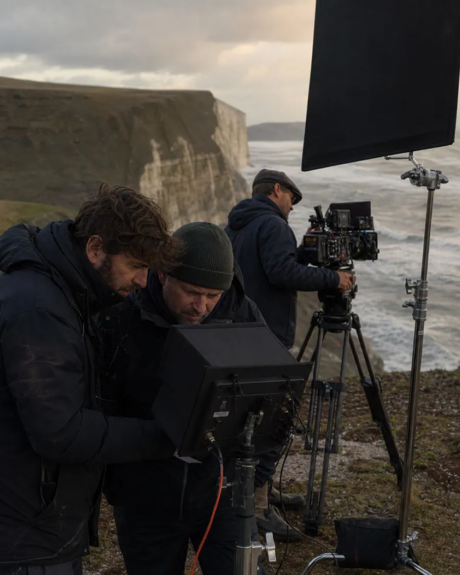 A director and cinematographer reviewing a shot on a coastal film location
