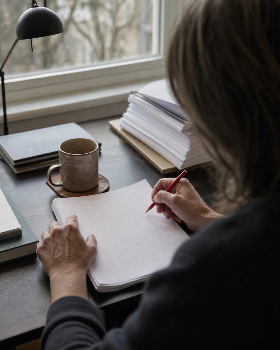 An author revising a printed manuscript with a red pencil